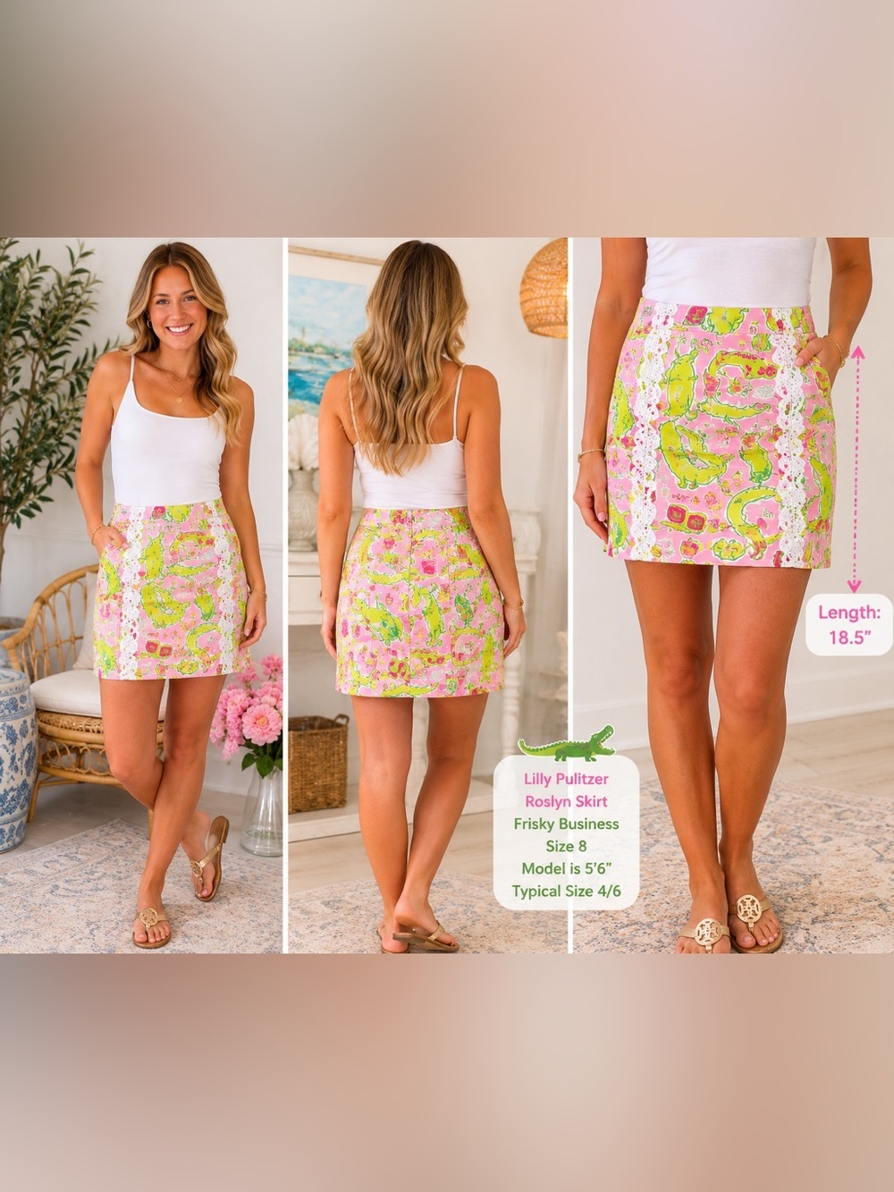 Lilly Pulitzer Pink Green Alligator Novelty Print Roslyn Frisky Business Skirt 8